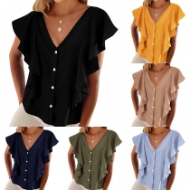Mode V-ringad Ruffle Cap ärmskjorta