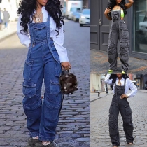 Street Fashion Denim Jumpsuit with Multiple Pockets and Suspender