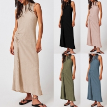 Casual Round Neck Sleeveless Side Drawstring Maxi Dress