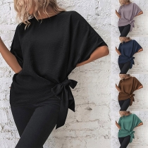 Mode rund halsad Batwing ärmsjölvknutna bowknot skjorta