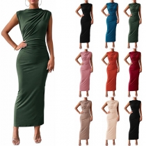 Mode Enfärgad Mock Neck Ärmlös Ruched Bodycon Midi-klänning
