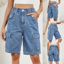 Street Fashion Jeansshorts med Sidofickor i Gammalvättad Stil