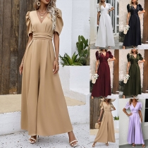 Elegant V-ringad Puff Kortärmad Cinch Midja Jumpsuit med vida ben