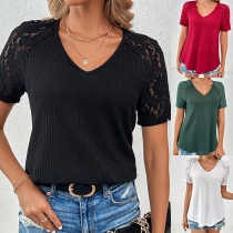 Mode skjorta med korta ärmar och mock neck med spetskant