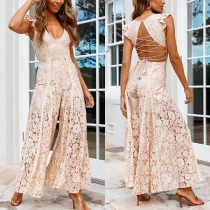 Mode volanger ärmlös jumpsuit med V-ringning, snörning och rygglös design med vida ben