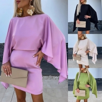 Mode Bodycon Klänning Med Enfärgad Rund Hals och Batwing Ärmar