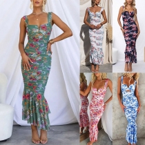 Mode blomtryckt V-ringad Ruched Fishtail Bodycon Klänning