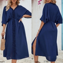 Lös Klänning Casual Spets Splits V-ringad med Batwing-ärmar