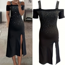 Mode Bling-bling Rhinestone Off-the-shoulder Slit Party Dress