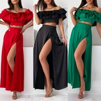 Mode set i två delar: Volangförsedd, off-shoulder Crop Top och slitskjol