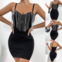 Sexiga Rhinestone Quastar Sötare Halslinje Bodycon Cami Klänning