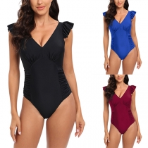 Sexig volang ärmlös V-ringad sida Ruched simdräkt i ett stycke/Monokini