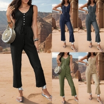 Mode framre knapp, rund hals, självknytande, rak skuren jumpsuit.
