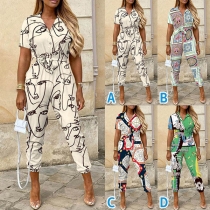 Mode blommig tryckt shortärmad jumpsuit med stativkrage
