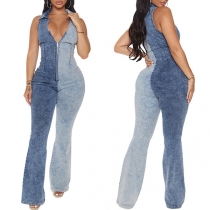 Street Fashion Kontrastfärg Halv dragkedja Stativ krage Ärmlös Denim Jumpsuit med vida ben