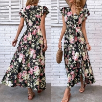 Mode de Blommig Tryckt V-ringad Maxi-Klänning med Kortärm och Slits med Självknäppning.