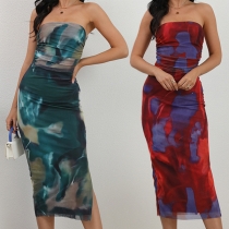 Vestido Bodycon Sem Alças com Fenda Lateral Colorida Gradiente.