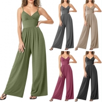 Mode Enfärgad V-ringad Högupphöjd Cami Jumpsuit med vida ben