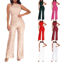 Mode Bling-bling, ärmlös Jumpsuit med paljetter och rund hals