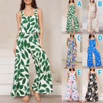 Tryckt Modeblommigt tvådelat set med Crop Top och vida ben byxor.