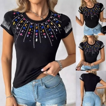 Mode färgglad Rhinestone rundhalsad kortärmad skjorta