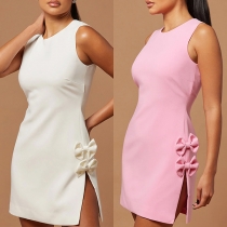 Mode Ärmellos Rundhals Bodycon Kleid mit seitlichen Schlitzen und Schleife