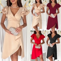 Ruffle Cap Sleeve V-neck High-waisted Asymmetrical Hemline Mini Dress