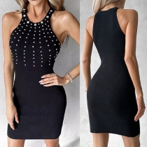 Mode rund hals ärmlös Rhinestone Bodycon Ribbed Klänning