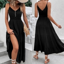 Mode Front Button V-ringad Backless Cami Midi-dress