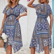 Bohemia-style Blommig tryckt V-ringad Kort ärm Hög upphov Iregular Hemline Mini Dress