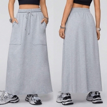 Casual Maxi Sweat-kjol med Enfärgad Design och Dragskonnitter samt Elastisk Midja och Patchfickor