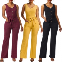 Modeknapp rund hals ärmlös knapp Självknytande Ribbad Jumpsuit
