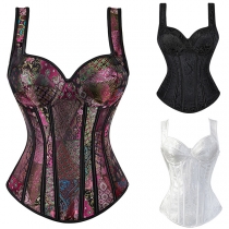 Blommig Jacquard Vintage Korsettskjorta med Sweetheart Neckline och Svart Snörning