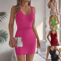 Mode V-ringad ärmlös stickad Bodycon klänning