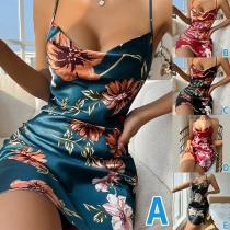 Mode blommig tryckt draperad hals Slip nattkläder klänning