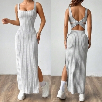 Sexig rund hals ärmlös grå klänning med rygglös design och sidoslits