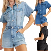 Fashion Stand Krage Kortärmad Gammalt tvättad Denim Romper