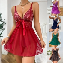 Mode Rhinestone V-ringad Bowknot Backless Spets Splits Chiffong Nattklänning
