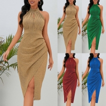 Mode Bling-bling Mock Neck Ärmlös Slit Bodycon Klänning