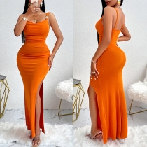 Mode Enfärgad Bodycon Maxiklänning med fyrkantig hals och hög slits