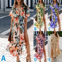 Bohemia stil Blommig tryckt V-ringad Cap Sleeve High-rise Slit klänning