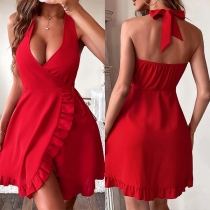 Mode Halterneck V-ringad Rygglös Ruffle Slit Oregelbunden Hemline Mini Dress