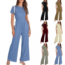 Rak-cut jumpsuit, enfärgad kortärmad med rund hals