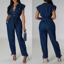 Modeknapp V-ringad Kepsärm Spetsad Denim Jumpsuit