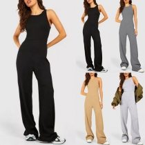Elegant enfärgad, rund halsad ärmlös jumpsuit
