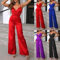Mode enfärgad V-ringad rygglös hög upphov rakt skuren Jumpsuit