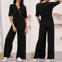 Mode Bekväm V-ringad kortärmad slits Rak skuren Loungewear Jumpsuit