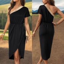 Mode Slant Shoulder Kortärmad Slit Klänning