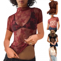 Sexig kortärmad blommig Jacquard halvgenomskinlig skjorta med hög krage