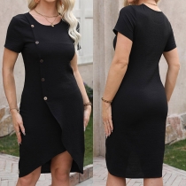 Mode Bodycon Klänning med rund hals, kortärmar och knappar på sidan